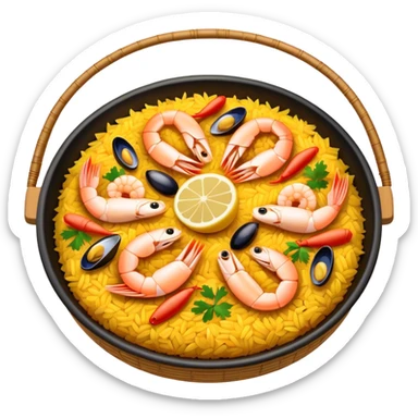 Cinematic Realistic Paella Dish Emoji, depicted as a vibrant, aromatic rice dish loaded with seafood, chicken, and saffron rendered with rich textures and dynamic, warm lighting. sticker