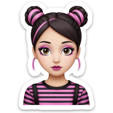 generate a pretty fair bratz girl with dark brown eyes. Dark brown hair straight hair with pink highlights tied into buns.  eyeliner. black lipstick. Wearing a white and black striped top sticker