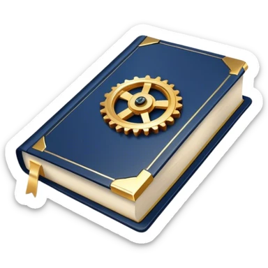 A navy blue book with gold details, metallic edges, and a golden gear with a chart with upward trend on the cover, radiating productivity, strategy, and success in motion- sticker