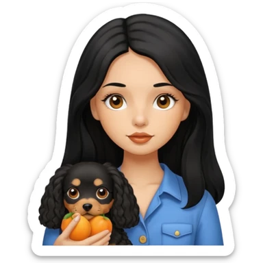 Italian girl very long straight black hair black eyes button  nose full lips tan skin holding apricot Cavapoo dog sticker