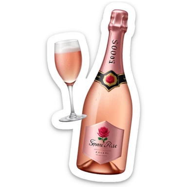 bottle of sparkling rosé champagne with a rose logo on the label, tilted up and to the left, no glass sticker