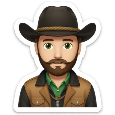 yellowstone ranch cowboy with brown beard & green eyes, black cowboy hat with plain black rope and no jewel, black shirt, and leather tan jacket sticker