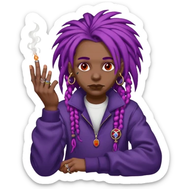 A purple weed smoking emoji with purple dreads, red eyes, hands full of rings, and wearing airforce1 shoes  sticker