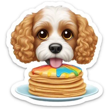 Cavapoo dog eating rainbow pancakes sticker