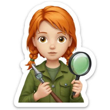 braid orange haired girl kid in moss green explorer outfit, holding magnifying glass sticker