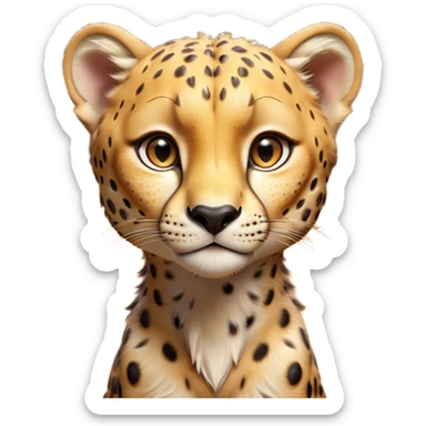Cinematic Cute Cheetah Portrait Emoji, Head tilted playfully and inquisitively, featuring a glossy, golden spotted Fur with a natural sheen, round, sparkling amber eyes filled with curious mischief, Simplified yet irresistibly adorable features, highly detailed, glowing with a warm, friendly glow, high shine, affectionate and agile, stylized with a touch of savannah whimsy, bright and endearing, soft glowing outline, capturing the essence of a mischievous yet loving cheetah, so playful it feels like it could dash out of the screen and into your arms! sticker