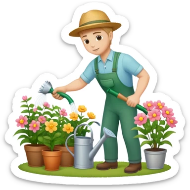 diligent young white male gardener watering flowers sticker
