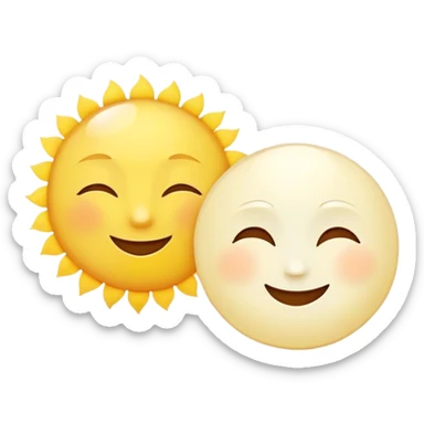a really bright  big sun and a small moon who shines because of it. the sun is bigger and the tiny \moon bright too beside it smiling looking at each other sticker