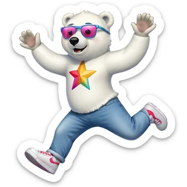 friendly anthropomorphised polar bear leaping with excitement, wearing a shirt, jeans, trainers, oversized colorful star glasses sticker