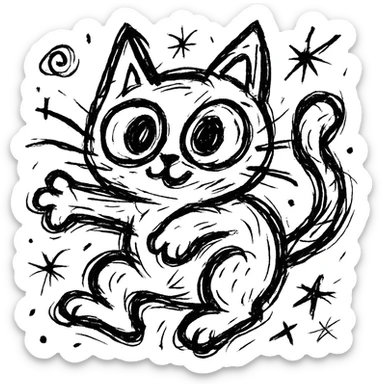 chaotic outlined icon of a cute cat with big eyes and a playful pose sticker