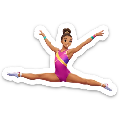 A professional gymnast performing a dynamic aerobic routine, dressed in a vibrant workout outfit. The gymnast is mid-jump, arms extended gracefully, with one leg lifted in a high kick. The background features a spacious fitness studio with mirrors, colorful mats, and energetic lighting.  sticker