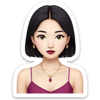 An Asian fair-skinned girl with long black hair (parted to the right side), with double eyelids, almond-shaped eyes, thick dark eyebrows, regular small nose, and natural regular lips. Makeup: dark eyelashes, raspberry color lipstick, and an eyeliner. Clothes: white spaghetti strap crop top and a golden modest necklace. No earrings. Emoji should be iOS style. sticker