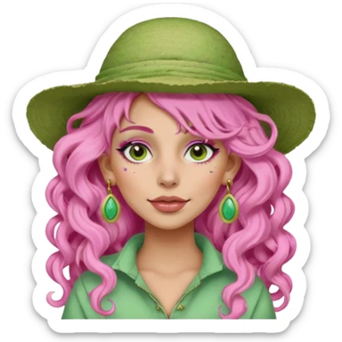 pink haired very long curly haired woman with full full face light green clay mask  and big earrings and hat with full face clay mask sticker