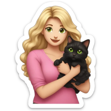 woman with green eyes and long wavy blonde hair and big boobs in a pink shirt is holding a very fluffy and fat black and tortoiseshell cat sticker