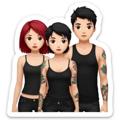 generate a fair boy with messy black hair, tattoos. standing beside a fair black haired girl wearing a black cami top and a tan girl with red hair sticker