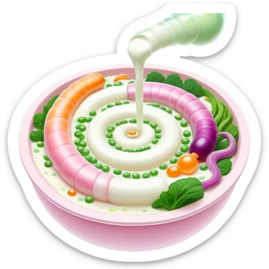 Ethereal bowl of bright white yogurt, translucent fermented vegetables, and golden bubbles gently floating around a luminous spiral intestine, vibrating in green and pink tones of balance and life. The scene shows probiotic foods connecting with and nourishing a glowing digestive system. sticker