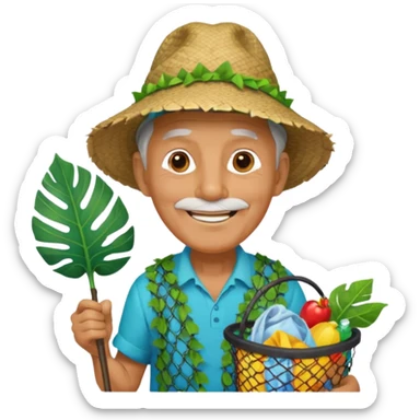 Hawaiian old man with leaf hat and big trash net and colorful cloth sticker