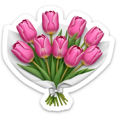 Bouquet of pink tulip wrapped in white paper sticker