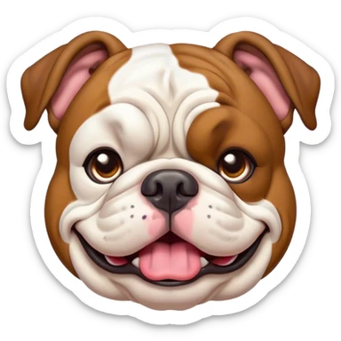 Cinematic Comical Brown and White English Bulldog Portrait Emoji, Head tilted dramatically with an exaggeratedly amused expression, featuring a striking brown and white coat with a bold pattern, wide, expressive brown eyes filled with playful disbelief, Simplified yet hilariously expressive features, highly detailed, glowing with a slightly sassy glow, high shine, dramatic yet playful, stylized with an air of cheeky defiance, bright and endearing, soft glowing outline, capturing the essence of a spirited and over-the-top guardian, so meme-worthy it feels like it could side-eye its way into internet fame instantly! sticker