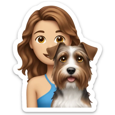  A girl with brown wavy hair and blue eyes and a dog York terrier sticker