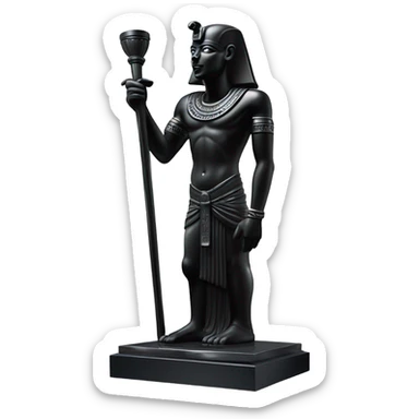 Osiris crook and flail obsidian statue on granite 30 ton brick, massive size, sunlight behind, sunset colors, reflections on black stone polished clean perfect, photography angles sticker