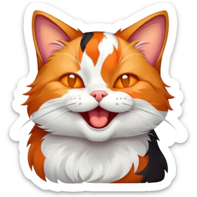 Cinematic Cute Yawning Calico Cat Portrait Emoji, Head tilted mid-yawn with a charming, relaxed expression, showcasing a soft patchwork fur of vibrant orange, black, and white, simplified yet irresistibly adorable, highly detailed, glowing with a cozy, gentle radiance, high shine, exuding sleepy yet endearing charm, styled with a soft glowing outline, capturing the essence of a calico cat caught in a delightful yawn that seems ready to cuddle up for a nap! sticker
