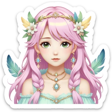 Beautiful gorgeous anime lady with beautiful pastel-special-hair, fashion aesthetic, ethereal, fairycore, pastelcore, feather, flower, crystals, accessories, gold jewelries, gold, colorful, gold laurel, gold halo, cottagecore,  sticker