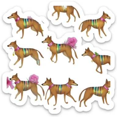  brindle brown black maroon striped lurcher Alsatian fox running blue eyes and iridescent holographic oilslick harness wearing paper iridescent tropical flower crown yellow caution tape sticker