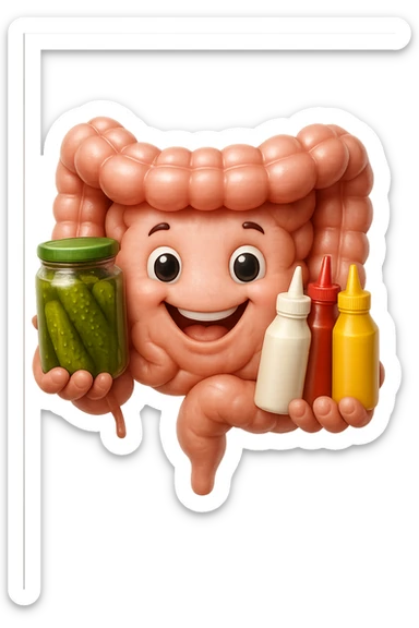 emoji stile iphone di intestino umano con espressione felice mentre tiene in mano cetriolini sottaceto, maionese, salsa barbecue, salsa, senape realistica
IPERREALISTICO 4K sticker
