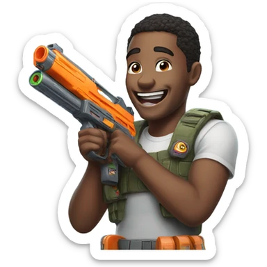 Laughing while holding a nerf gun sticker