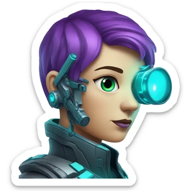 Secret human agent with  cyberpunk elements with a spyglass scanning looking reviewing multicolor lines of code, cyan and purple colors, only upper body portrait sticker
