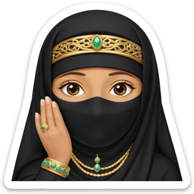 an old emirati women wearing traditional cloths covers her face with burg'a a;; the cloths and burqa'a are black sticker