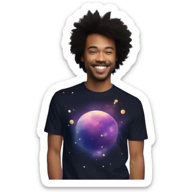 Person wearing T shirt with vintage gilded earth on t shirt with nebulas galaxies and constellations t shirt sticker