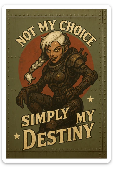 a retro military pinup fuselage decoration for the motto " not my choice, simply my destiny "
; female figure young and gorgeous, white hair 1 braid, gold yellow eyes, spacer, fierce, exo-rogue, menacing yet taunting sticker