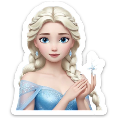Cinematic Realistic Elsa Portrait, depicted with lifelike skin texture, soft natural lighting, and intricately detailed platinum blonde hair styled elegantly. Her striking, expressive blue eyes exude confidence and grace, complemented by a serene and regal expression. She holds a shimmering snowflake delicately in one hand, her other hand resting against her gown, embodying the power and beauty of winter. She is dressed in her signature icy attire, with shimmering fabric textures and delicate folds that catch the light beautifully. The portrait features a soft, enchanting glow with a cool, radiant finish, capturing the essence of timeless elegance in a realistic and painterly style. sticker