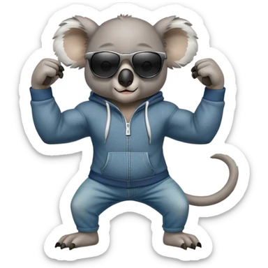 anthropomorphised koala, full body, wearing a hoodie and jeans, dark sunglasses, flexing muscles sticker