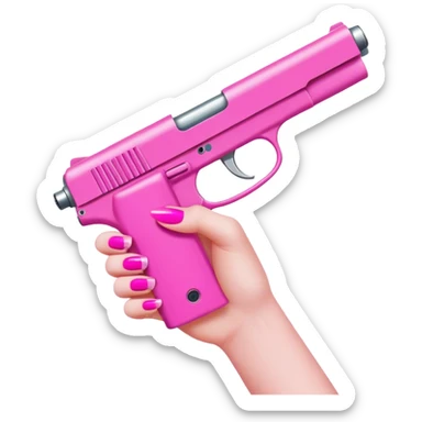 White girl hand with pink nails holding a pink gun sticker