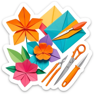 Paper crafting icon, various paper crafts like origami, 3D paper flowers, and scrapbooking materials, visible tools such as scissors, glue stick, and colour paper sheets, colorful paper patterns, minimalistic style, clean lines, transparent background. sticker