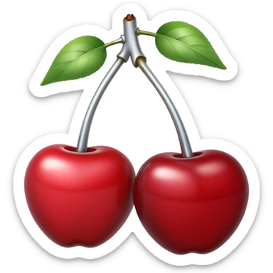 A pair of cherries emoji made of polished silver chrome, smooth rounded shapes, glossy metallic finish, soft highlights and reflections, cute proportions, iOS emoji style, centered, clean white background, no text sticker