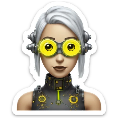Caucasian female cyborg head with Neon yellow bobbed hair, silver steampunk goggles and circuits sticker