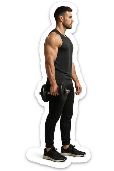 uomo fitness di profilo a figura intera con manubrio da palestra in mano, iperrealistico 4k sticker