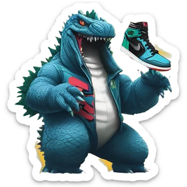 Godzilla in graffiti  style, holding Nike Air Jordan 1 sneakers in her hands sticker
