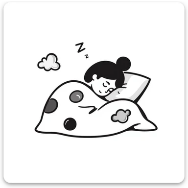 A cute curled-up sleeping person under a colorful blanket with peaceful smile and soft Z's floating. Cozy feeling with gentle pastel colors. Hand-drawn doodle style. sticker