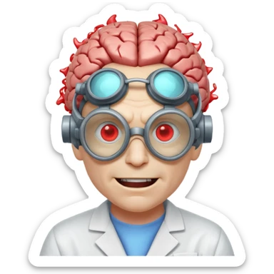 mutant scientist portrait, head and shoulders only, exposed glowing brain, broken goggles, evil smile, mad lab vibe, 3D cartoon, mobile game icon style, clean background, no text, no watermark

 sticker