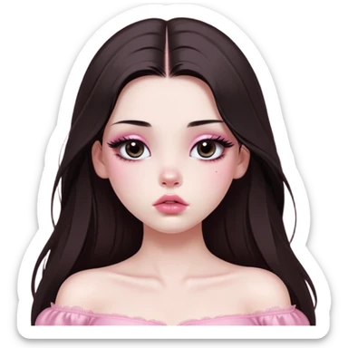 girl with white skin, dark brown long straight hair with middle part falling in front of her body, very big pouty extra shiny lips with absolutely no cupid's bow, big round shiny eyes with black eyeballs and huge eyelashes, no eyeshadow, pink blush on cheeks, lighter button nose, very long oval-shaped face, wearing a pink off-shoulder top, looking directly at camera with hands down at sides sticker
