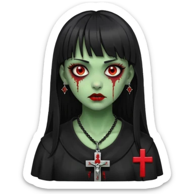 zumbi verde com olhos vermelhos sangrando e franja roupa preta e um crucifixo como colar, sem ser na testa e um piercing no nariz bem feminino a franja reta também  sticker