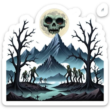 A dark creep Alaskan land scape with rotting trees and zombies rising from the ground infront of evil looking mountains with a cloudy evil moon. sticker