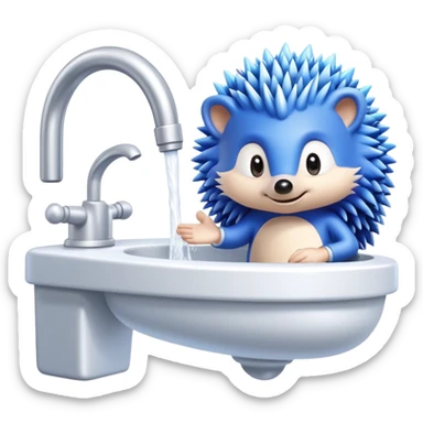 Blue cartoon hedgehog character and silver cartoon hedgehog character in a bathroom washing hands sticker