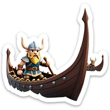 clash-of-clans-aesthetic_-cinematic-viking-longboat, rendered in a flat, bold vector style with minimal shading, featuring a striking dragon-headed prow slicing through icy, churning waters. shields on the side and vikings rowing The longboat’s intricately detailed shields and carved motifs evoke a sense of epic adventure and Nordic might, with billowing sails catching a dramatic, stormy sky backdrop. sticker
