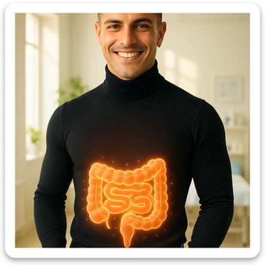 Create a semi-realistic, wellness-themed image of a healthy 30-year-old man inspired by the reference image. Show a stylized glowing intestine visualization with a clean and well-shaped gut. The man is smiling and standing confidently. The background is a minimalistic clinic with soft natural light, conveying a vibrant and healthy atmosphere. sticker